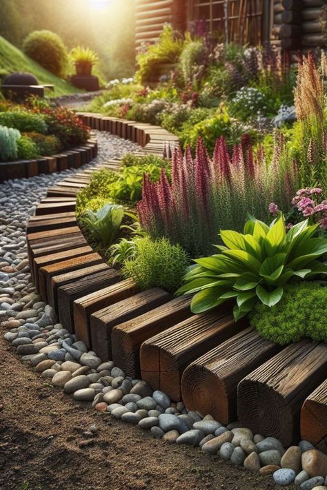 Paying attention to garden edging can truly transform the overall look and feel of your outdoor space. These ideas provide both functionality and aesthetic appeal, ensuring your garden stands out.  Cheap garden border ideas, plants, UK, landscape edging, wood, low maintenance, brick, stone, cheap wood. Garden Bed Boarder Ideas, Natural Flower Bed Borders, Wood Landscaping Borders, Patio Borders Landscaping, Wooden Borders Garden, Landscape Design Edging, Landscaping With Wood Edging, Garden Landscape Design Ideas, Landscaping Along Patio