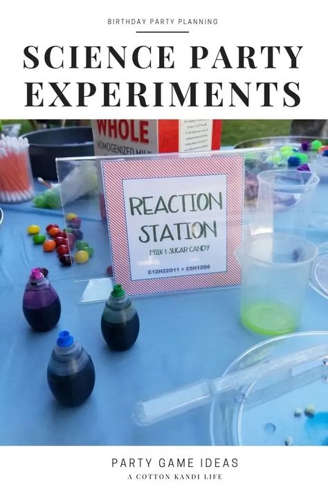 Science Experiment Stations made easy for your next birthday party. You'll get a BIG reaction with some simple kitchen ingredients! Run stations and watch your kids light up for basic chemistry they can do too. Birthday Party Experiments, Safe Chemistry for Kids, Mad Scientist Party Ideas, VBS Activities, Vacation Bible School Theme. Scientific Birthday Party, Science Birthday Party Experiments, Science Party Table, Science Themed Birthday Party Activities, Science Lab Birthday Party Ideas, Mad Scientist Birthday Party Ideas, Kids Science Birthday Party Ideas, Mad Scientist Party Experiments, Mad Scientist Food Ideas