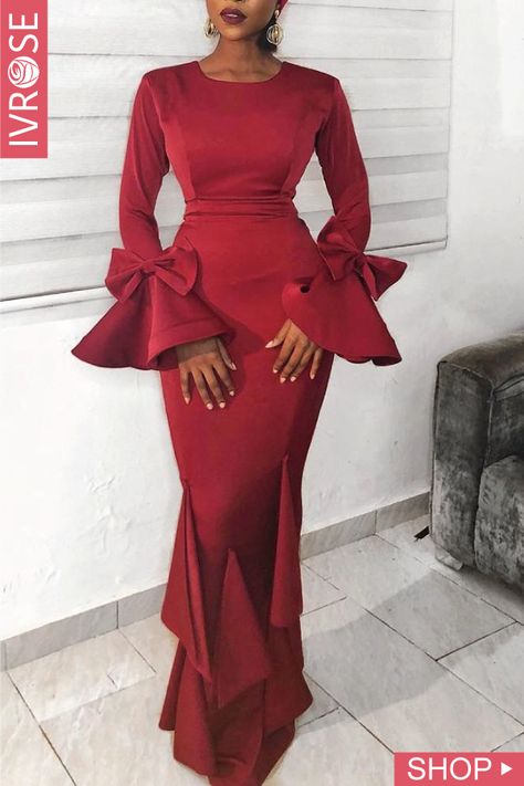 Solid Long Flared Bowknot Sleeve Evening Dress Sleeve For Women, Flare Gown, Evening Dresses With Sleeves, Sleeves Designs For Dresses, Latest African Fashion Dresses, Designs For Dresses, African Fashion Dresses, Ladies Dress Design, Classy Dress