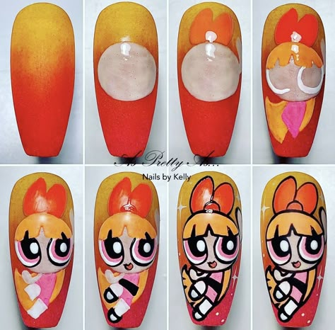 Anime Nails Step By Step, Family Guy Nails, Powerpuff Nail Art, Cartoon Nail Designs Step By Step, Kim Possible Nails, Power Puff Nails, Nail Design Tutorial Step By Step, Character Nail Art Step By Step, Nail Art Tutorial Step By Step