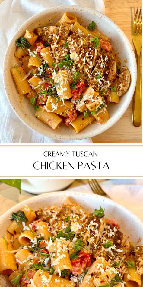 Rigatoni With Chicken, Rigatoni Chicken Pasta, Rigatoni And Chicken Recipes, Chicken Rigatoni Recipes, Tuscan Rigatoni, Tuscan Dishes, Tuscan Sauce, Chicken Tomato Pasta, Creamy Tuscan Chicken Pasta