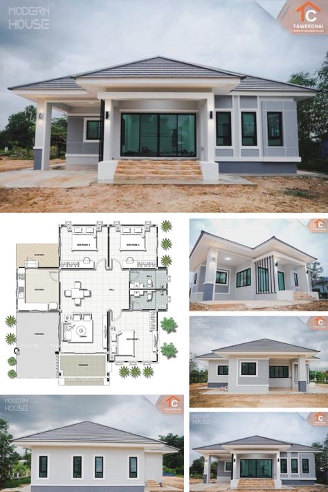 Gray Bungalow with Three Bedrooms Three Bedroom House Plan Three Bedroom House Plans Modern, 3 Bedroom Modern Bungalow House Plans, Three Bedroom House Plans Modern, Interior Design Bungalow, 3 Bedroom House Plans, Four Bedroom House Plans, Modern Bungalow House Plans, Rumah Moden, Bungalow Ideas