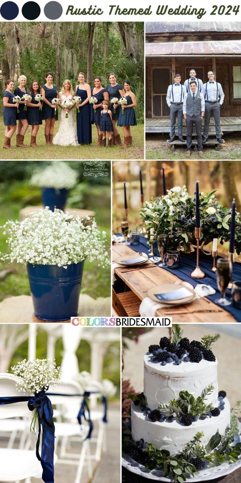 Top 20 + Rustic-themed Wedding Color Combos - ColorsBridesmaid Blue Country Wedding Centerpieces, Navy Blue And Hessian Wedding, Wedding Table Decorations Navy Blue, Navy Blue Reception Decor, Navy And Taupe Wedding, Blue And Brown Wedding Theme, Aisle Markers Wedding, Navy Blue Rustic Wedding, Navy And Grey Wedding