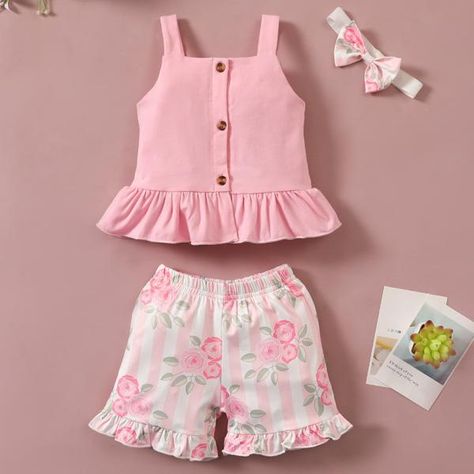 [12M-4Y] 3pcs Baby Girls Ribbed Rose Floral Print Sleeveless Set Girls Dresses Diy, Pattern Shorts, Sewing Baby Clothes, Kids Frocks Design, Kids Dress Wear, Baby Dress Design, Baby Dress Patterns, Kids Fashion Dress, Baby Sewing Patterns