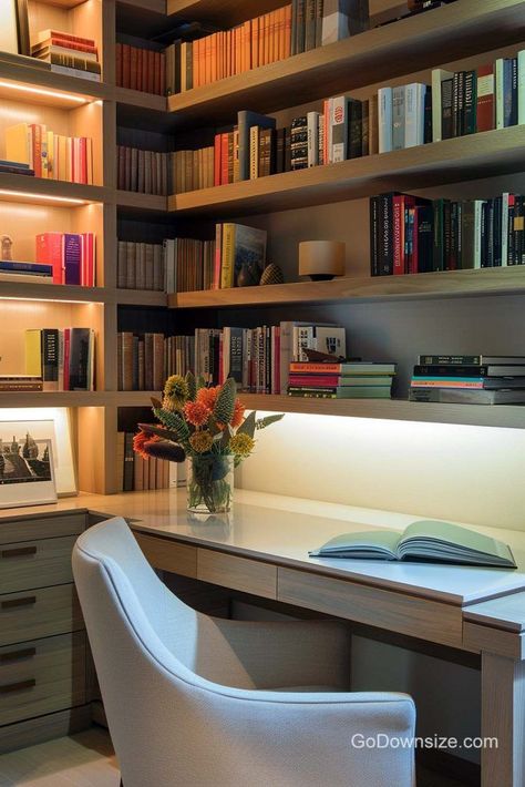 Check out this sophisticated little work corner. Its sleek design contains L-shaped wooden bookshelves and desk features. Corner Library Bookshelves, Bookshelves And Desk, Corner Library, Wooden Bookshelves, Work Corner, Library Corner, L Shaped Corner Desk, Library Bookshelves, Cool Bookshelves