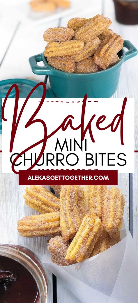 Pound Cake Churro Bites, Bites Size Desserts, Oven Baked Churros, Angel Food Cake Churro Bites, Mini Churros Recipe, Donut Bites Recipes, Bit Size Desserts, Fried Churros Recipe, Baked Churro Bites