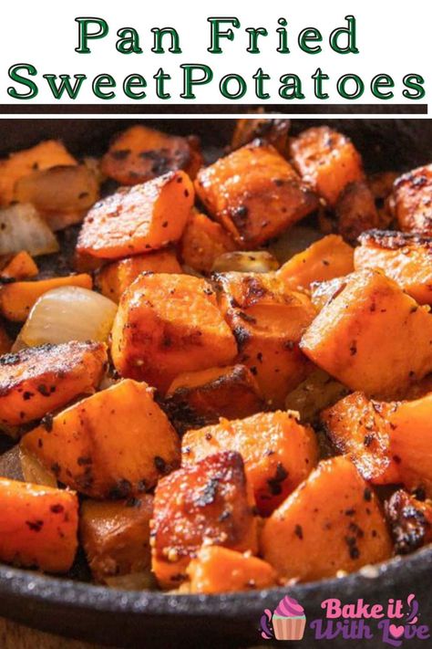 Pan fried sweet potatoes are a quick and easy side dish that's cooked to crispy perfection with minimal ingredients! These tasty sweet potatoes are tossed with olive oil and seasoning, then fried until fork tender. Serve them up nice and hot for the whole family to enjoy! BakeItWithLove.com #bakeitwithlove #panfried #sweetpotatoes #vegetables #sidedishes Pan Fry Sweet Potatoes, How To Fry Sweet Potatoes, Sweet Potato On The Stove, Sweet Potato Fried Recipes, Easy Way To Cook Sweet Potatoes, Cast Iron Skillet Sweet Potatoes, Easy Frying Pan Recipes, Pan Cooked Sweet Potatoes, Pan Fried Sweet Potato Recipes