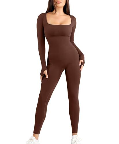 Popilush Long Sleeve Jumpsuit for Women Built-In Bra Seamless Ribbed Square Neck Full Length Bodycon Romper Jumpsuits Jumpsuit Sport, Bodycon Romper Jumpsuit, Clothes Brown, Brown Romper, Women Long Sleeve Jumpsuit, Bodycon Romper, Seasonal Outfits, Stretch Workout, Brown Jumpsuits