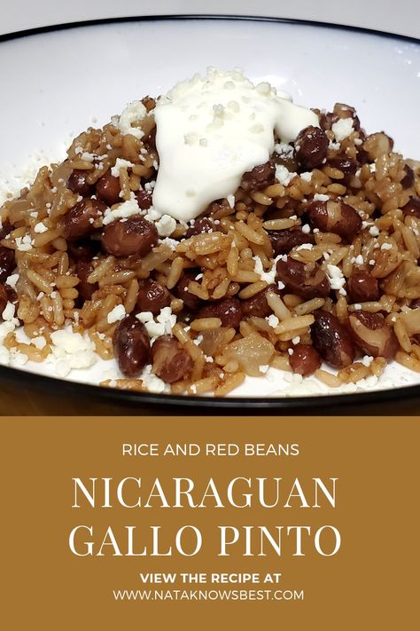 Nicaraguan Gallo Pinto is a type rice and bean dish fried together using onions and green peppers. Nicaraguan Rice And Beans, Gallo Pinto Recipe Nicaraguan, Central American Food Recipes, Nicoya Recipes, Nicaraguan Food Recipes, Rice With Red Beans, Gallo Pinto Recipe, Nicaraguan Culture, Nicaraguan Recipes