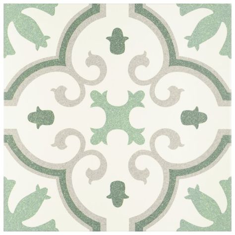 Capturing the beauty of artisanal cement tile, our dulce floor, and wall tile is a gorgeous tribute to encaustic design. This tile features floral old-world patterns that frame dueling arcs at the center in varying shades, offering contrast and dimension to the decoration. The smooth, satin surface features a weathered, speckled look, replicating the beauty of the aged tile. The floral, geometric pattern blends into virtually any design theme, making this an exceptional product for modern instal Historic Renovation, Merola Tile, Stone Look Tile, Porcelain Floor, Accent Tile, House Tiles, Square Tile, Natural Stone Tile, Porcelain Flooring