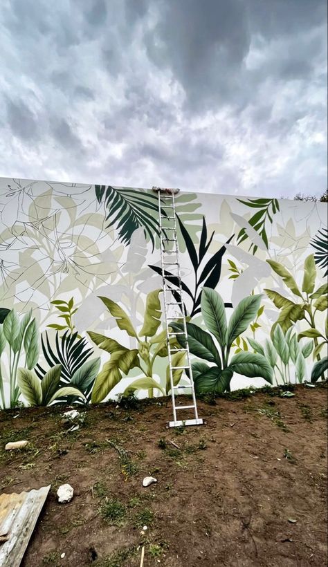 Outdoor Wall Painting Ideas, Mural Wall Art Outdoor, Vine Mural, Selfie Wall Ideas, Garden Wall Painting, Outdoor Mural Ideas, Outdoor Wall Paint, Beginner Painting On Canvas, Mural Art Design