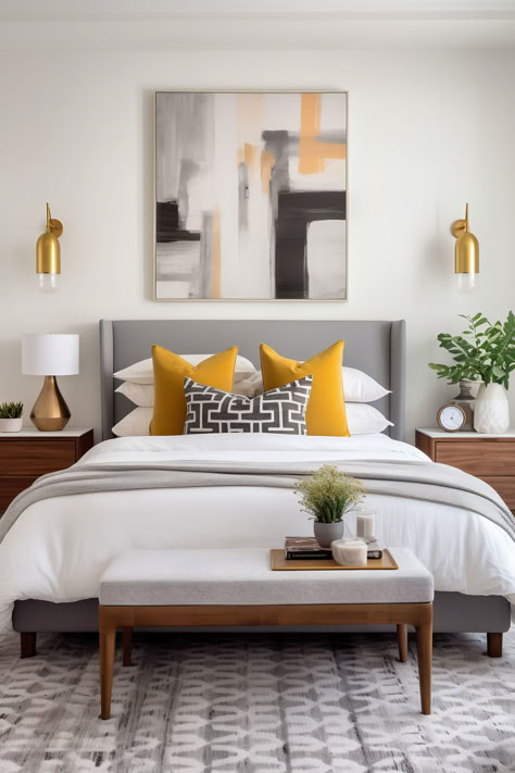 Modern Boho Bedroom. The sleek blend of cool grays, crisp whites, and pops of mustard yellow creates a stylish sanctuary that's perfect for relaxation. Bedroom With Yellow Bedding, Grey And Mustard Bedroom Ideas, Mustard Bedroom, Yellow Gray Bedroom, Bedroom Decor Art, Beautiful Bedroom Colors, Modern Boho Bedroom, Boho Bedroom Design, Bedroom Sanctuary