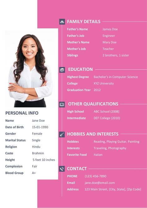 How to Make Biodata for Marriage in Word Bio Data For Marriage For Girl, Biodata For Marriage Format For Girl, Biodata Ideas, Marriage Biodata Format, Personal Bio, Bio Data For Marriage, Biodata Format, Certificate Background, Bio Data