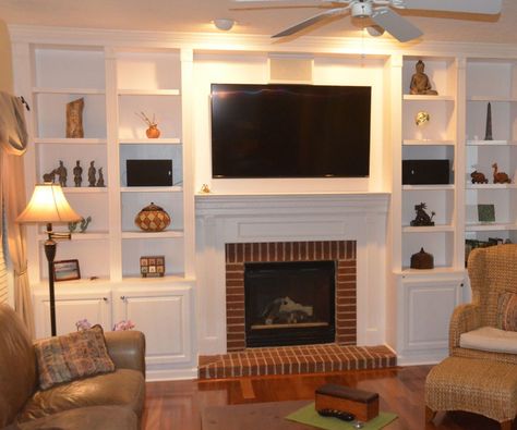 Fireplace Bookcase, Transitional Family Room, Built In Around Fireplace, Wide Plank Hardwood Floors, Contemporary Family Room, Dining Room Wainscoting, Wainscoting Styles, Build A Fireplace, Floating Shelves Bathroom