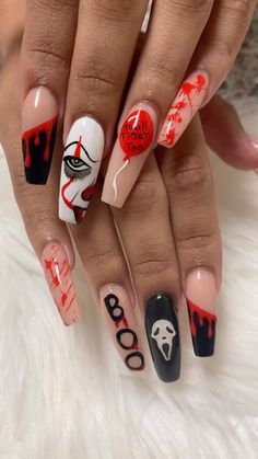 Scary Nails Horror Movies, Penny Wise Nails Acrylic, Spooky Halloween Nails Acrylic Long, Halloween Nails It Movie, It The Clown Nails, Halloween It Nails, Scary Nail Ideas, Conjuring Nails, It Movie Nails