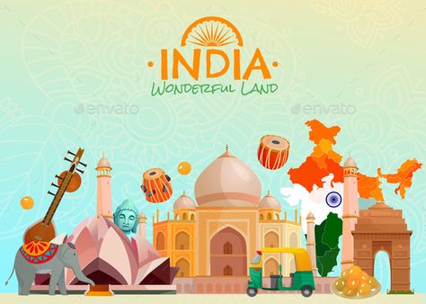 Colorful travel poster with taj mahal lotus temple rickshaw and other symbols of wonderful land india cartoon vector illustration Incredible India Posters, India Background, Travel Cartoon, India Poster, India Painting, Tourism Day, India Facts, Tourism Poster, India Culture