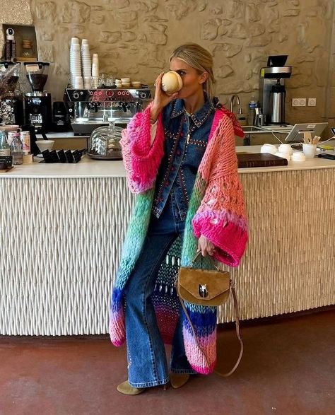 NIZHONI | Olivia @oliviatps rockin our Jace cardigan in Jewel tones! Thank you for the great post Olivia🩷🧡💛💚💙❤️ #colorfulknits #parisfashionweek… | Instagram Womens Long Cardigan Sweaters, Colorful Winter Outfits, Boho Kimono Cardigan, Bell Sleeve Cardigan, Long Sweater Jacket, Gilet Kimono, Knitted Winter Dress, Fall Winter Coat, Estilo Hippy