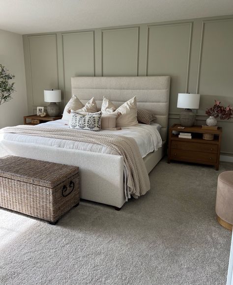 Jogging Path Paint, Beige Bed Frame Room Ideas, Upholstered Headboard Bedroom Ideas, Cream Upholstered Bed, Upholstered Headboards Bedroom, Beige Upholstered Headboard, Jogging Path, Beige Upholstered Bed, Beige Bed Frame