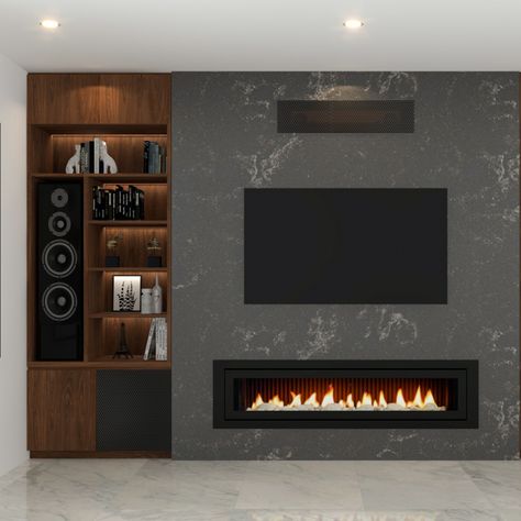 Asymmetrical Fireplaces, Design Tv Wall, Built In Tv Wall Unit, Tv Wall Ideas, Bespoke Joinery, Built In Electric Fireplace, Fireplace Bookshelves, Wall Trends, Tv Area