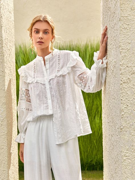 White Boho  Long Sleeve Cotton Plain Shirt Embellished Non-Stretch Spring/Summer Women Tops, Blouses & Tee White Lace Shirt Outfit, Lace Shirt Outfit, Shirt Outfit Summer, White Boho Blouse, White Boho Tops, White Lace Shirt, Mesh Overlay Dress, White Long Sleeves, White Linen Shirt