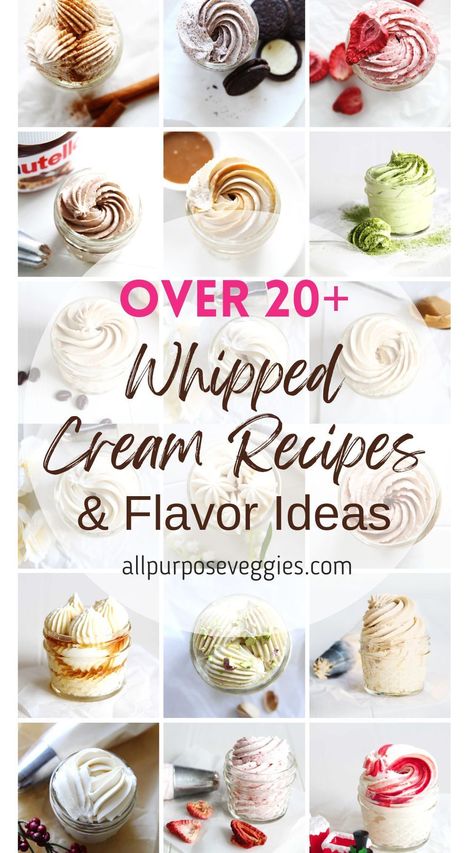 Presenting my Ultimate List of Over 20+ Whipped Cream Recipes (Chantilly Cream) & Flavor Ideas! This list has it all, from warm fall favorites like cinnamon whipped cream and maple to fruity flavors like strawberry and lemon. I just love trying new things and exploring new flavors, so I love having a ready list like this to help me breathe new life and excitement into my old favorites. Hope you'll also find it helpful! #whippedcream #cakedecorating #chantillycream #frostingideas Chantilly Frosting Recipe, Doughnut Fillings, Chantilly Cream Recipe, Whipped Cream Recipes, Diy Whipped Cream, Cinnamon Whipped Cream, Spiced Whipped Cream, Homemade Whipped Cream Recipe, Flavored Whipped Cream