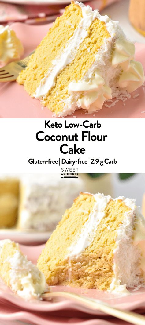 This Coconut Flour Cake is a moist, fluffy gluten-free, low-carb birthday cake for coconut lovers. You will love its light coconut crumb filled with vanilla frosting. Keto Coconut Flour Cake, Coconut Flour Cake Recipes Simple, Sugar Free Coconut Cake, Stevia Cake, Coconut Butter Cake, Coconut Flour Carrot Cake, Coconut Flour Desserts, Cooking With Coconut Flour, Coconut Flour Chocolate Cake