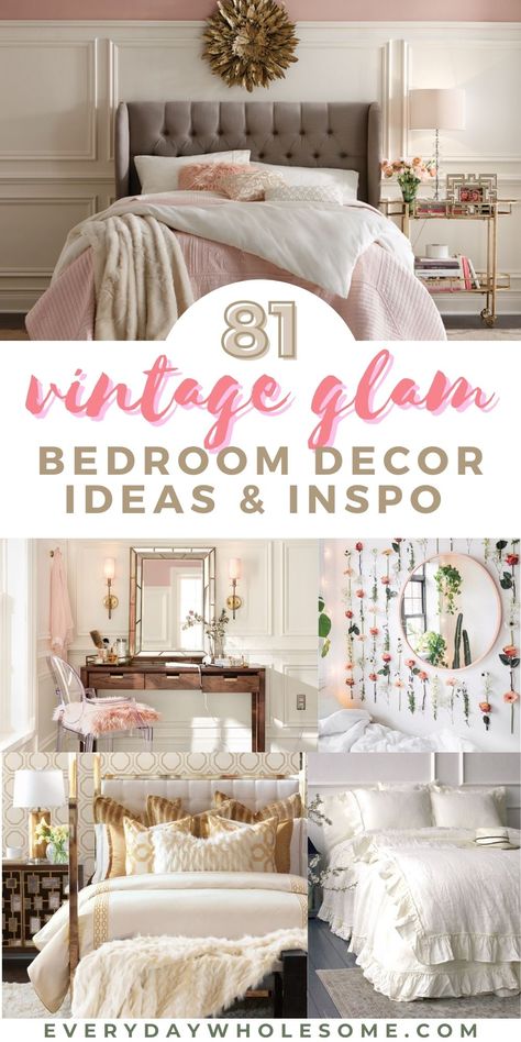 81 Vintage Glam Master & Guest Bedroom Decorations Ideas & Inspirations to inspire your next bedroom aesthetic design renovation and remodel home decor. Check out these color schemes to inspire your next redesign. Romantic, vintage, glamorous ideas for your bedside tables, duvet covers, comforters, bedding, mirrors, dressers, vanities, vanity, lamps, lighting, murals, wall paper, wall stickers, all decor, bedroom area rugs. #vintagedecor #vintageglam #glamdecor #bedroomdecor #masterbedroom Bedrooms Aesthetic Luxury, Clean Glam Aesthetic, Old Hollywood Glam Bedroom Ideas, Vintage Glam Bedroom Decor, Hollywood Glam Bedroom Ideas, Chic Bedroom Ideas Glam, Vintage Glam Bedroom Ideas, Old Hollywood Bedroom Ideas, Aesthetic Dresser Ideas