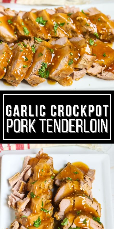 Garlic Crockpot Pork Tenderloin is an easy slow cooker recipe. The meat is tender and the sauce in incredibly flavorful. Garlic Crockpot, Tenderloin Crockpot, Pork Tenderloin Crock Pot Recipes, Tenderloin Recipes Crockpot, Easy Pork Tenderloin, Crockpot Pork Loin, Crockpot Pork Tenderloin, Pork Crockpot Recipes, Slow Cooker Pork Tenderloin