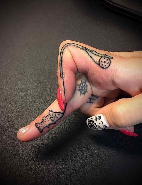 Finger Tattoos - Tattoo Insider Fishing Hook Tattoo, Hook Tattoos, Fishing Tattoo, Cowgirl Tattoos, Cute Finger Tattoos, Cowboy Tattoos, Country Tattoos, Hand And Finger Tattoos, Western Tattoos