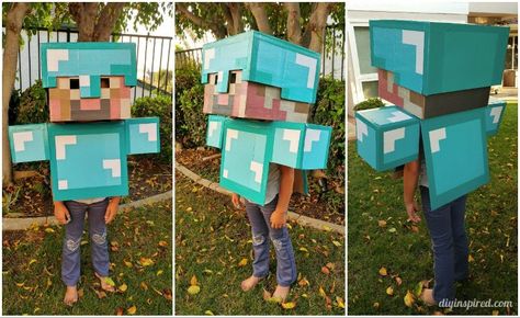 diy-diamond-dave-minecraft-costume-for-halloween Minecraft Steve Costume, Minecraft Halloween Costume, Cardboard Kids, Steve Costume, Creeper Costume, Minecraft Diy Crafts, Minecraft Costumes, Halloween Fest, Minecraft Steve