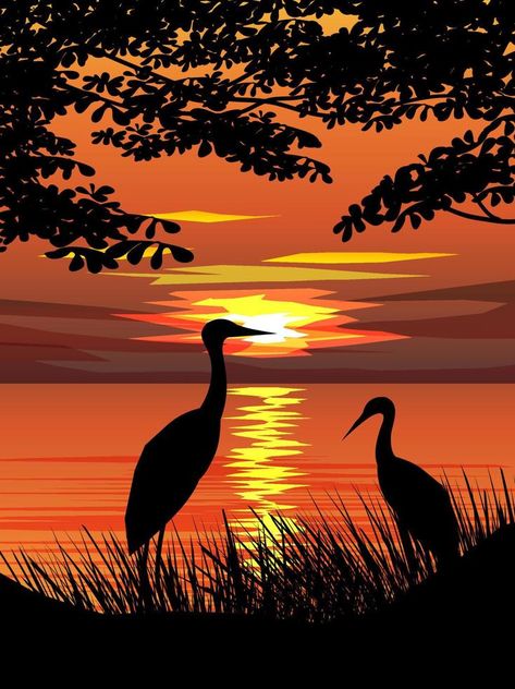 Golden sunset at lake with heron in silhouette Sunsets Paintings, Sunset Silhouette Painting, Lake Silhouette, Paint Frame, Animal Photography Wildlife, Mailbox Ideas, Wildlife Painting, Watercolour Ideas, Vector Doodle