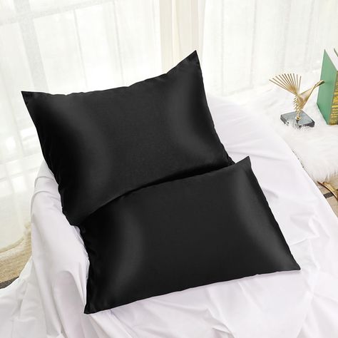 PRICES MAY VARY. SILKY SOFTNESS: These satin pillowcases are crafted from 100% premium satin that is luxuriously smooth, cooling and gentle on hair and skin. STANDARED SIZE SET: Includes two pillowcases in a beautiful blush black with an envelope closure and measurements of 20" x 26" each to fit standard size pillows. GENTLE CARE: The satin material is gentle on hair and skin, reducing friction and frizzing to keep your locks and complexion looking their best. COOLING COMFORT: Satin's breathable Black Silk Sheets Aesthetic, Black Silk Pillowcase Aesthetic, Sleep Hair, Black Satin Sheets, White Satin Pillow Case, Purple Satin Pillowcase, Sleep Hairstyles, Satin Pillow, Soft Pillow