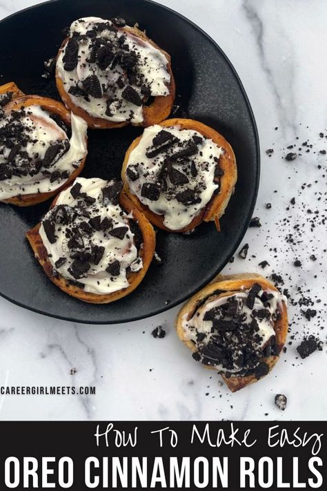 These easy Oreo Cinnamon Rolls are super gooey and soft, and delicious! This Pillsbury-inspired breakfast recipe only requires three ingredients: a can of Pillsbury Grands cinnamon rolls, cream cheese, and Oreo cookies. These are the best cookies and cream buns you'll ever taste. These homemade stuffed rolls can be made in under 20 minutes. Enjoy!!

// oreo cinnamon rolls // Easy breakfast treats // kid-friendly // Oreo Cinnamon Rolls Pillsbury, Oreo Cinnamon Rolls Easy, Oreo Cinnamon Rolls, Cinnamon Rolls Cream, Grands Cinnamon Rolls, Stuffed Rolls, Cream Buns, Easy Breakfast Treats, Cinnamon Rolls With Cream Cheese