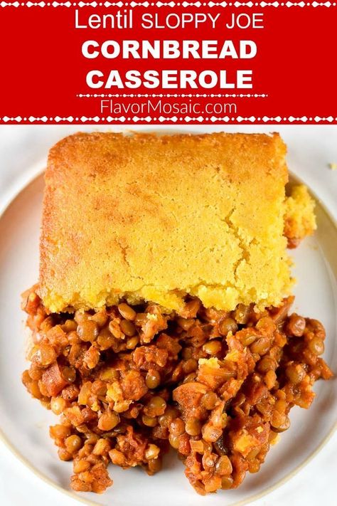 This Lentil Sloppy Joe Cornbread Casserole is a hearty, family-friendly comfort food casserole that combines vegetarian sloppy joes with Southern cornbread! #LentilRecipe #LentilCasserole #LentilSloppyJoes #SloppyJoes #SloppyJoeCasserole #LentilSloppyJoeCasserole #FlavorMosaic Lentil Sloppy Joe, Sloppy Joe Cornbread Casserole, Lentil Casserole Recipes, Sloppy Joe Cornbread, American Cuisine Recipes, Vegetarian Sloppy Joes, Comfort Food Casserole, Lentil Casserole, Lentil Sloppy Joes