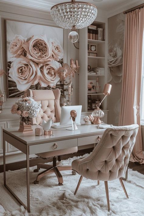 34 Feminine Home Office Ideas to Suit Every Style 88 34 Feminine Home Office Ideas to Suit Every Style Pink White Office, Feminine Home Office Classy, Feminine Office Space, Girly Home Office, Glam Office Decor, Feminine Home Office Ideas, Pink Couple, Feminine Office Decor, Feminine Home Office