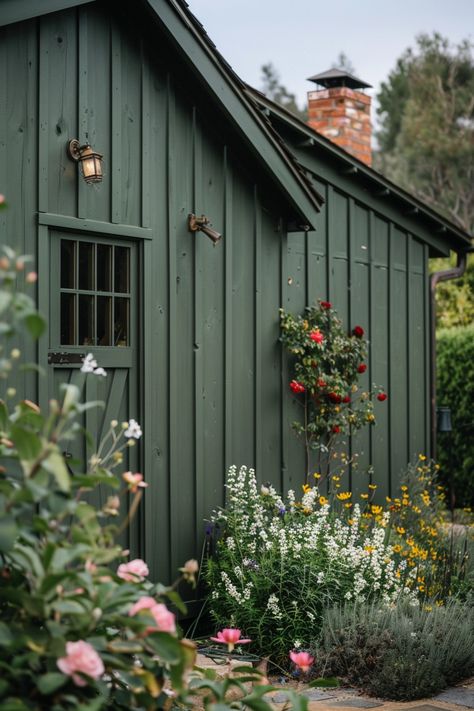 Green Home Exterior, Green House Paint, Farm Goals, Dreamy Cottage, Green Exterior House Colors, Green House Exterior, Mini Cottage, Green Barn, Garden Goals