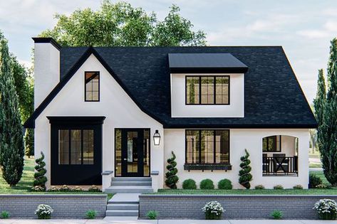 Modern cottage house plan with cathedral ceiling in family room Black Shingles, Modern Cottage House Plans, Advanced House Plans, Modern Cottage Style, Plan Chalet, Brick Exterior House, التصميم الخارجي للمنزل, Cottage Plan, Modern Cottage