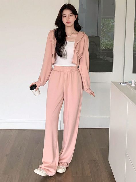 Pink Casual Collar   Plain  Embellished Slight Stretch  Women Clothing Two Piece Sets, Two Piece Set, Two Piece Outfit, Front Zipper, Women Clothing, Two Piece, Zipper, Collar, Sweatshirts