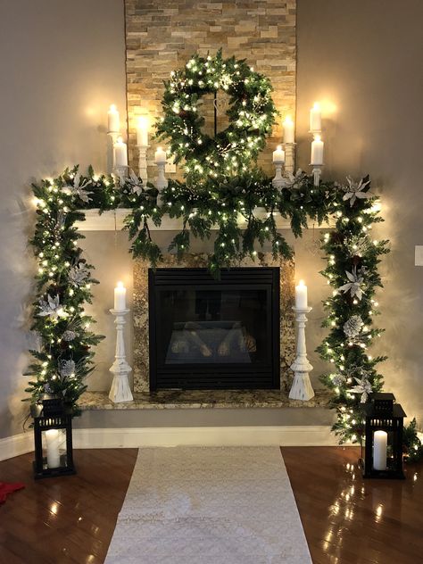 Christmas Wedding Fireplace Decorations, Indoor Christmas Wedding Ceremony, Christmas Wedding Mantle Decor, Christmas Wedding Fireplace, Christmas Wedding Alter Ideas, Christmas Home Wedding, Christmas Wedding At Home, Winter Wedding Mantle Decor, Winter Wedding With Christmas Trees