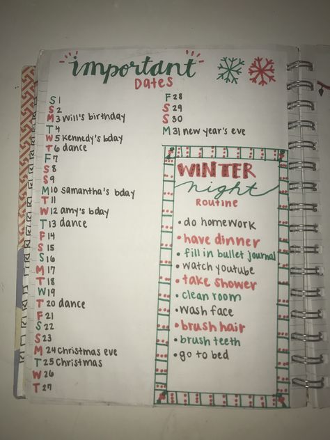 2018 December Bullet Journal Important Dates & Winter Night Routine Spread- Love this layout and have always used it! It’s super convenient if you prefer not to right in a calender in your bullet journal if you like to do smaller calenders. I had a little extra room and decided to add the night routine as a fun little touch, but if you choose to recreate this you can do whatever you want there! Important Dates Bullet Journal, Winter Night Routine, December Nights, Bu Jo, December Bullet Journal, Bulletin Journal, Baby Bullet, Student Christmas Gifts, Bulletin Journal Ideas