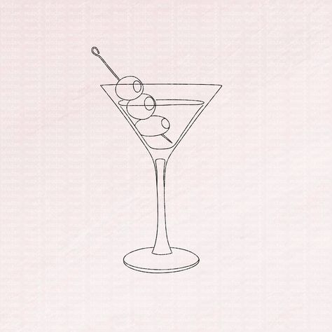 Cocktail Olive Tattoo, Martini Drawing Simple, Bar Drawing Illustration, Cocktail Glass Drawing, Martini Doodle, Olives Drawing, Martini Glass Drawing, Martini Drawing, Olive Drawing