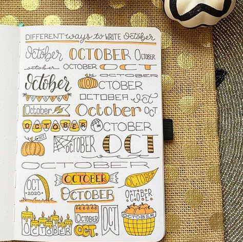 Amazing Fall Bullet Journal Doodles You Must Try! — Joyful Journaler October Written In Different Fonts, October Journal Header, October Lettering Bullet Journal, Planner Drawings Ideas, October Headers Bullet Journal, Halloween Bulletin Journal Ideas, October Notebook Ideas, October Font Bullet Journal, October Hand Lettering