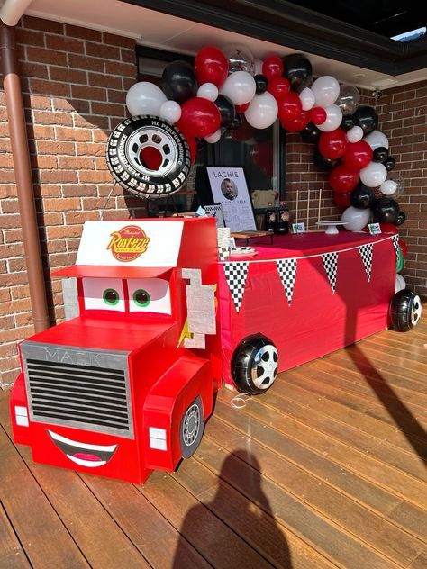 Lightning Mcqueen Bday Party, Disney Cars 2 Fast Birthday, Cars Mcqueen Birthday Party Ideas, 1st Bday Cars Theme, Mack Birthday Party, Cars 3rd Birthday Party Ideas, 2nd Birthday Lightning Mcqueen, Cars Themed Party Ideas, Disney Cars Balloon Arch