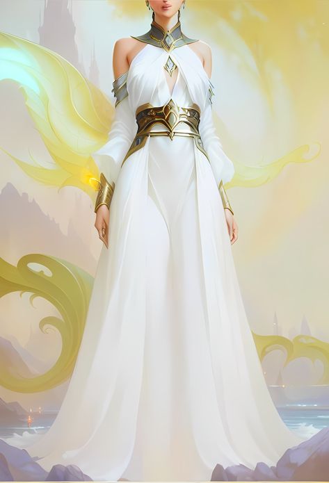 White And Gold Fantasy Outfit, White Gold Fantasy Dress, Fantasy Angel Outfit, Godlike Outfits, Oracle Outfit, Fantasy Dress Goddesses, Fantasy Royal Clothing, White Fantasy Dress, Cleric Outfit