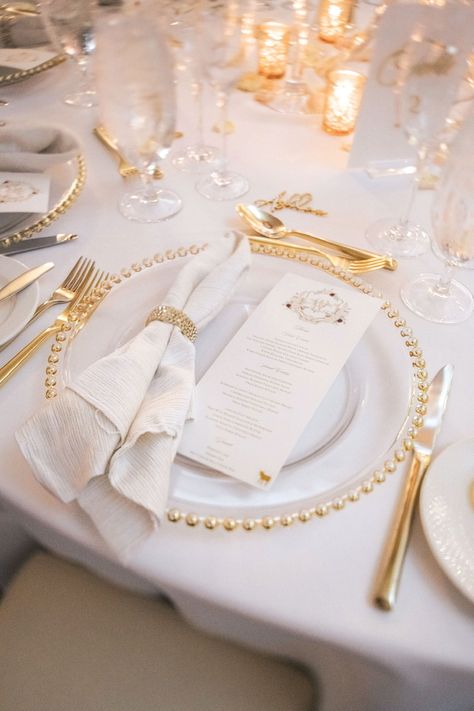 White And Gold Wedding Themes, Beaded Charger Plates, Pearls Wedding Theme, White Wedding Table Setting, Wedding Plate Setting, Gold Reception, Gold Wedding Reception, Wedding In Florida, White Weddings Reception