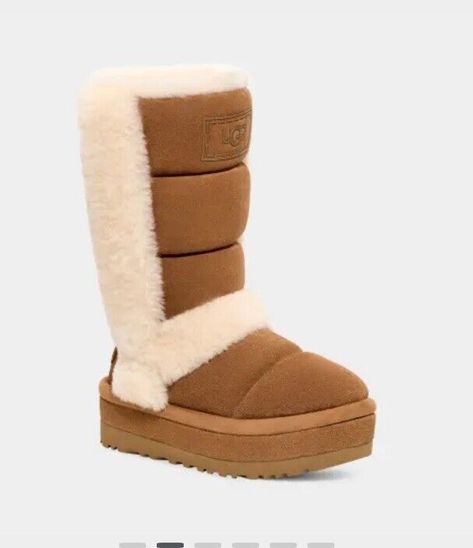 These stylish Chesnut Chillapeak Tall Uggs in size 7 are the perfect addition to any wardrobe. The platform boots are made with 100% genuine suede and lined with soft sheepskin for ultimate comfort. These boots come with a box and are brand new, ready to be worn. The Ugg Classic product line is known for its high quality and fashion-forward styles, and these boots are no exception. The platform heel adds a trendy touch to the classic design, making them perfect for any occasion. Don't miss out o Tall Uggs, Ugg Boots Tall, Boots Tall, Personal Belongings, Ugg Classic, Platform Heel, Platform Boots, Platform Heels, Ugg Boots