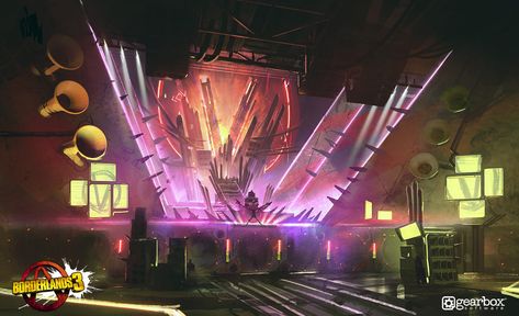 Concert Concept Art, Stage Concept Art, Borderlands 3 Art, Post Cyberpunk, Stage Concept, Interior Concept Art, Drama Stage, Concert Ideas, Spaceship Interior