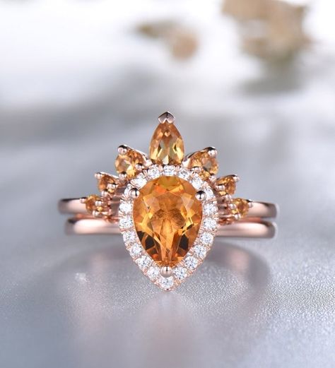 Citrine ring, November birthstone ring, Natural Yellow Citrine Ring Set, Gold Ring, Crown Curved Sta Opal Wedding Set, Citrine Wedding Ring, Unique Wedding Sets, Yellow Citrine Ring, Ring Teardrop, Ring Crown, Rose Gold Opal Ring, November Birthstone Ring, Rose Gold Plated Ring