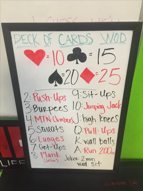 Deck of Cards WOD. Bootcamp Workout. Deck Of Card Workout, Card Game Workout, Card Deck Workout, Hottie Bootcamp Workout, Playing Card Workout, Fun Bootcamp Workouts, Team Workouts Exercises Fun, Workout Games For Adults, Fun Workout Games