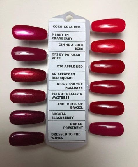 Red Nails Shades, Best Opi Red Nail Polish, Opi Red Dip Powder Nails, Opi Burgundy Nail Polish, Red Shades Nails, Opi Dark Red Nail Polish, Red Opi Gel Polish, Opi Gel Color Chart, Finger Elements